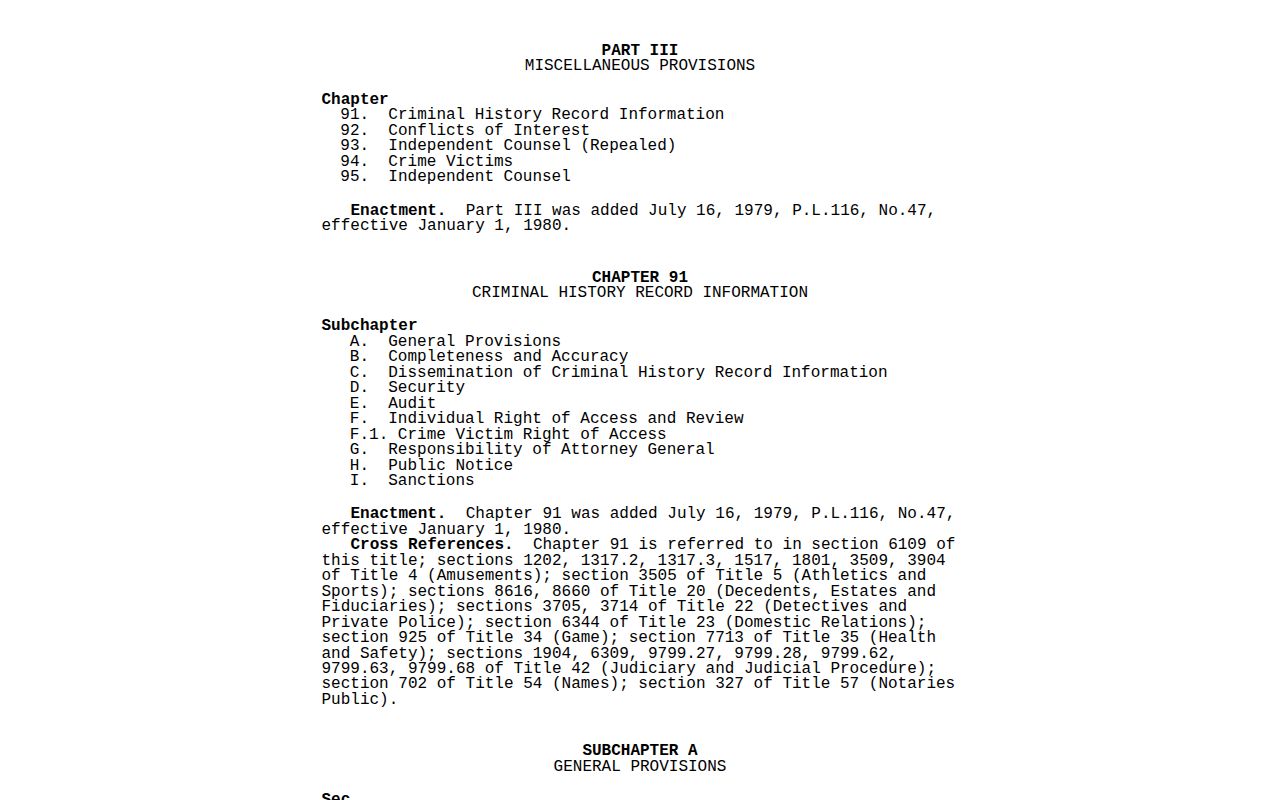 Pennsylvania criminal-history record law relevant to Pike County booking records